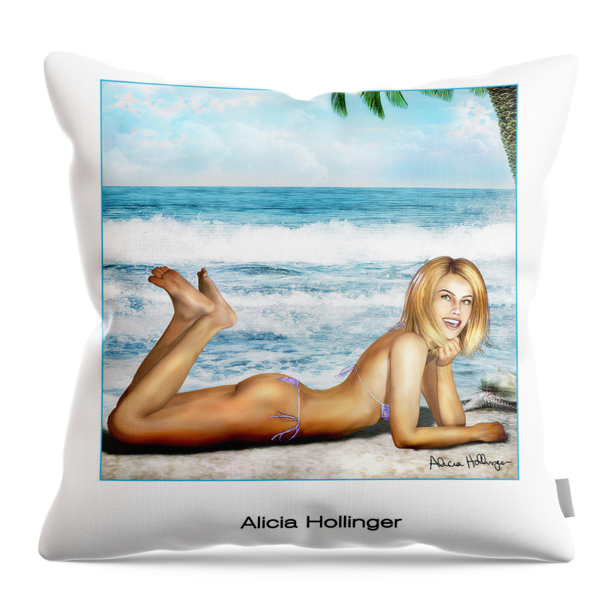 Pin-up Throw Pillow featuring the mixed media Blonde on Beach by Alicia Hollinger