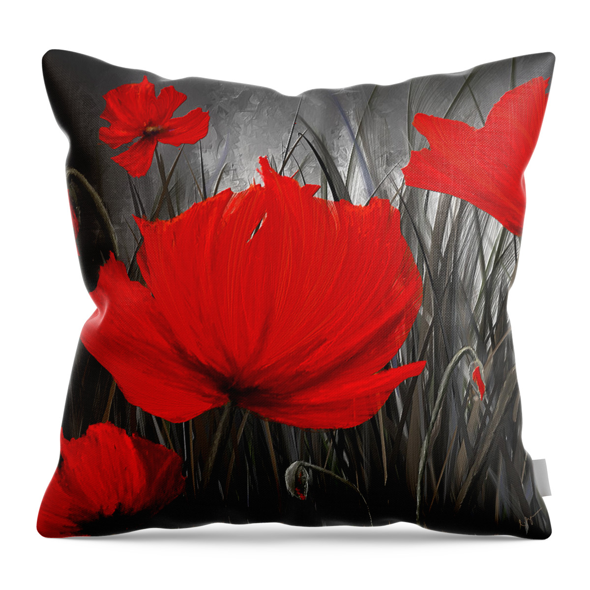 Poppies Throw Pillow featuring the painting Blood-Red Poppies - Red And Gray Art by Lourry Legarde