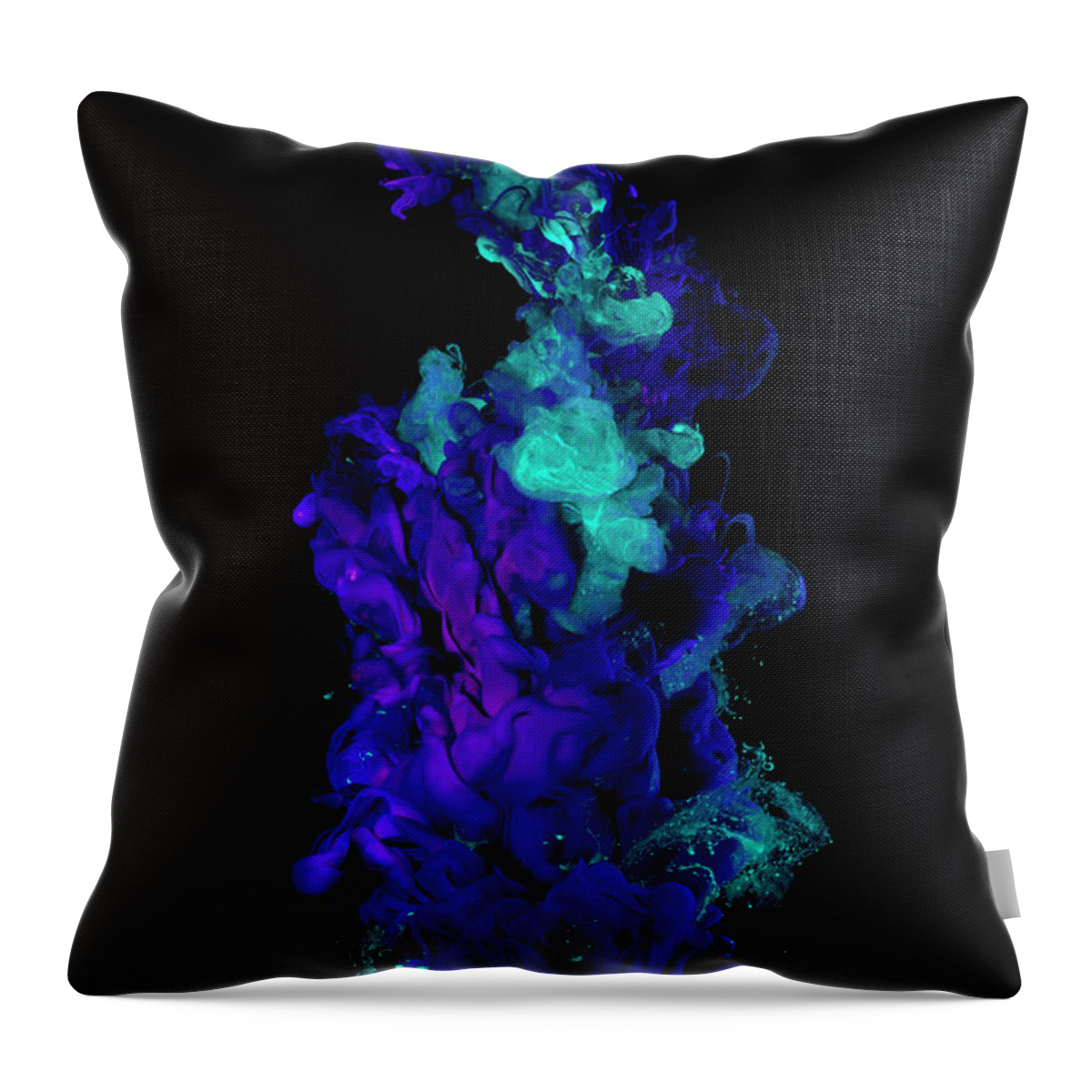 Mixing Throw Pillow featuring the photograph Blue And Green Paint In Water On Black by Biwa Studio