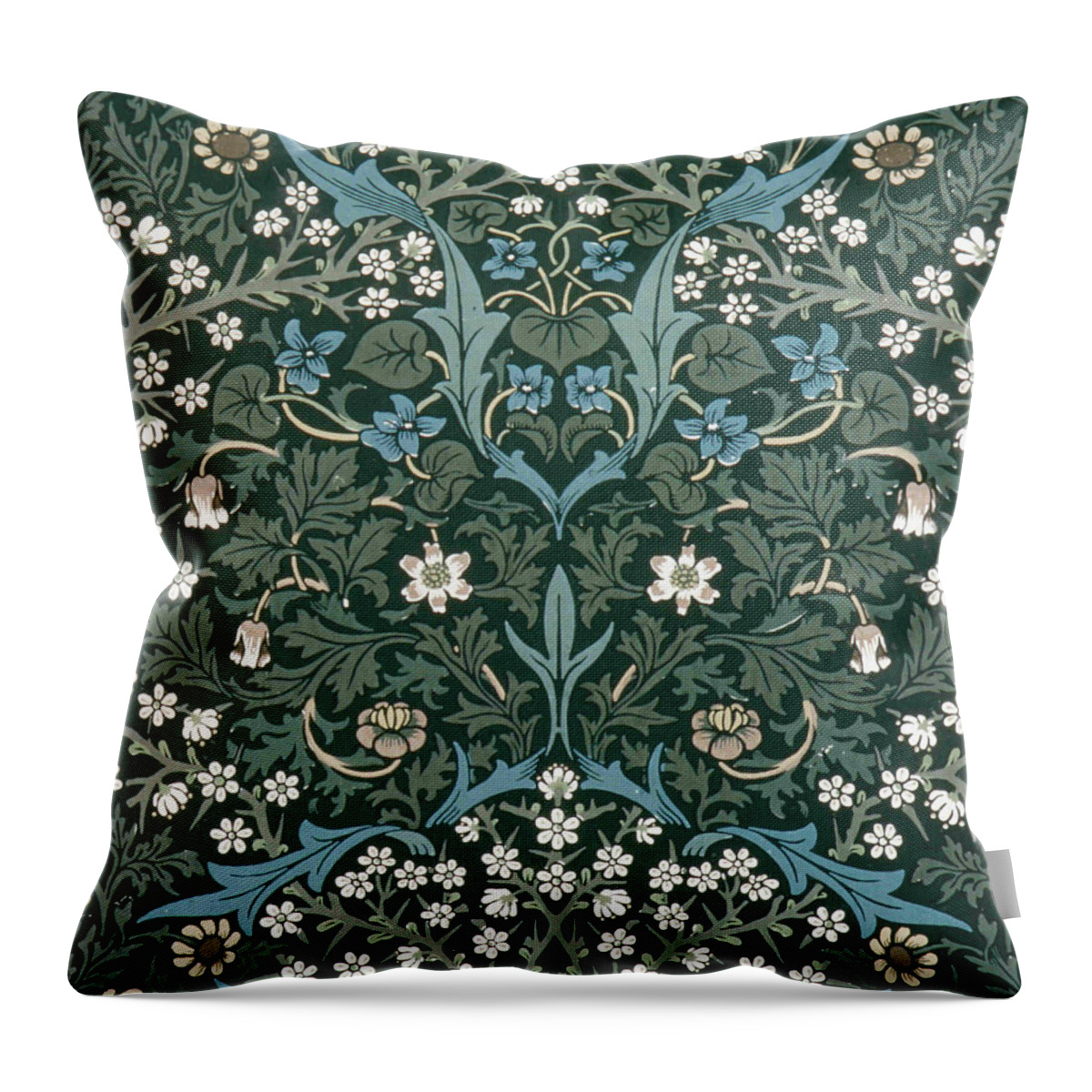 William Throw Pillow featuring the digital art Blue and White Flowers on Green by Philip Ralley