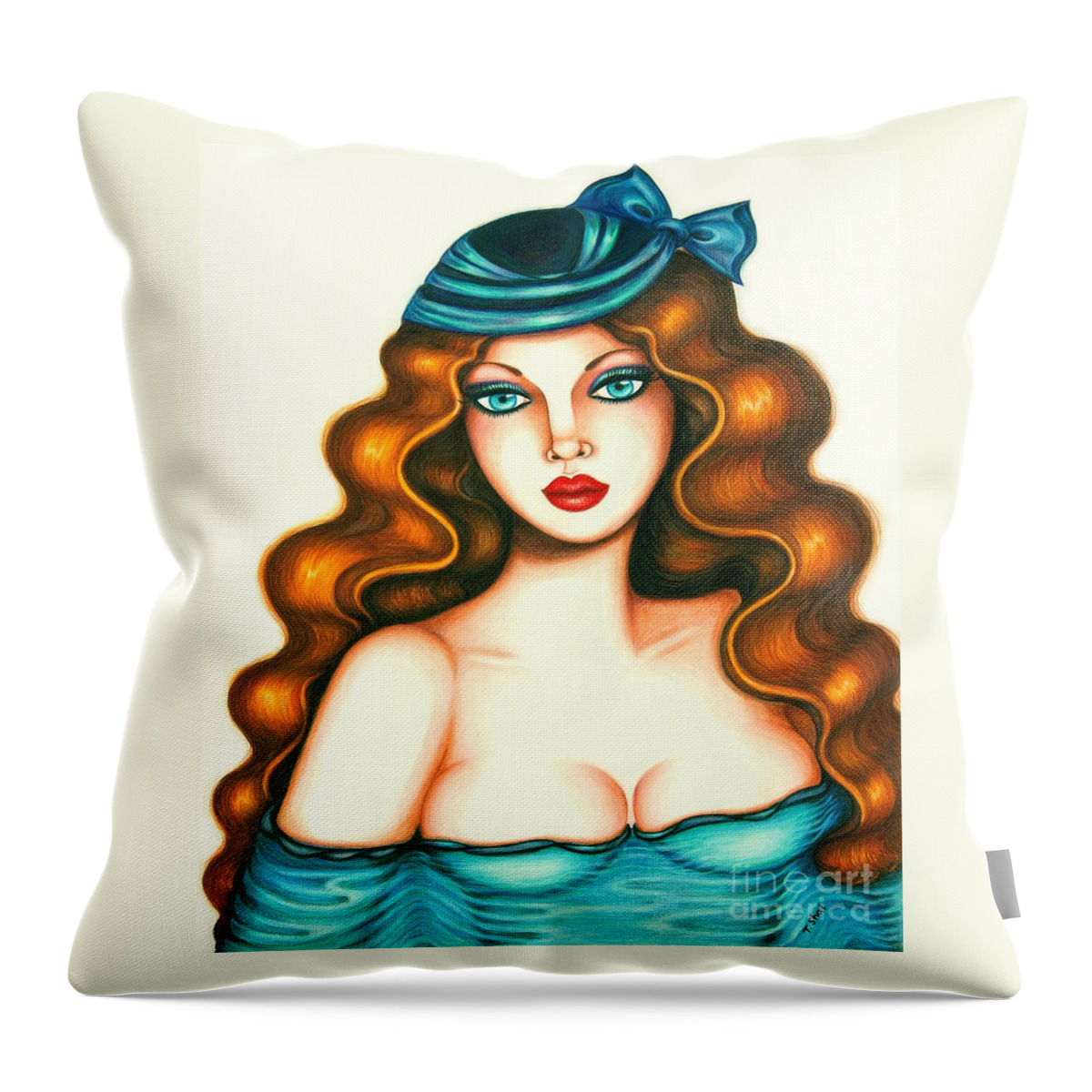 Art Throw Pillow featuring the drawing Blue Bow Hat by Tara Shalton