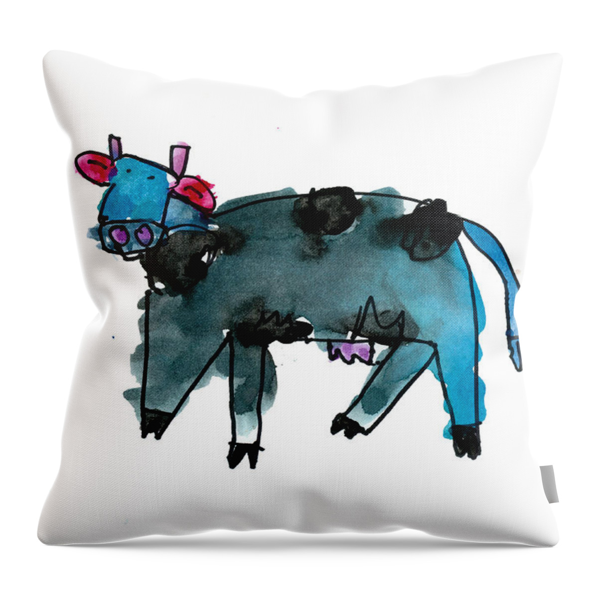 Cow Throw Pillow featuring the painting Blue Cow by Andrew Yap Age Six