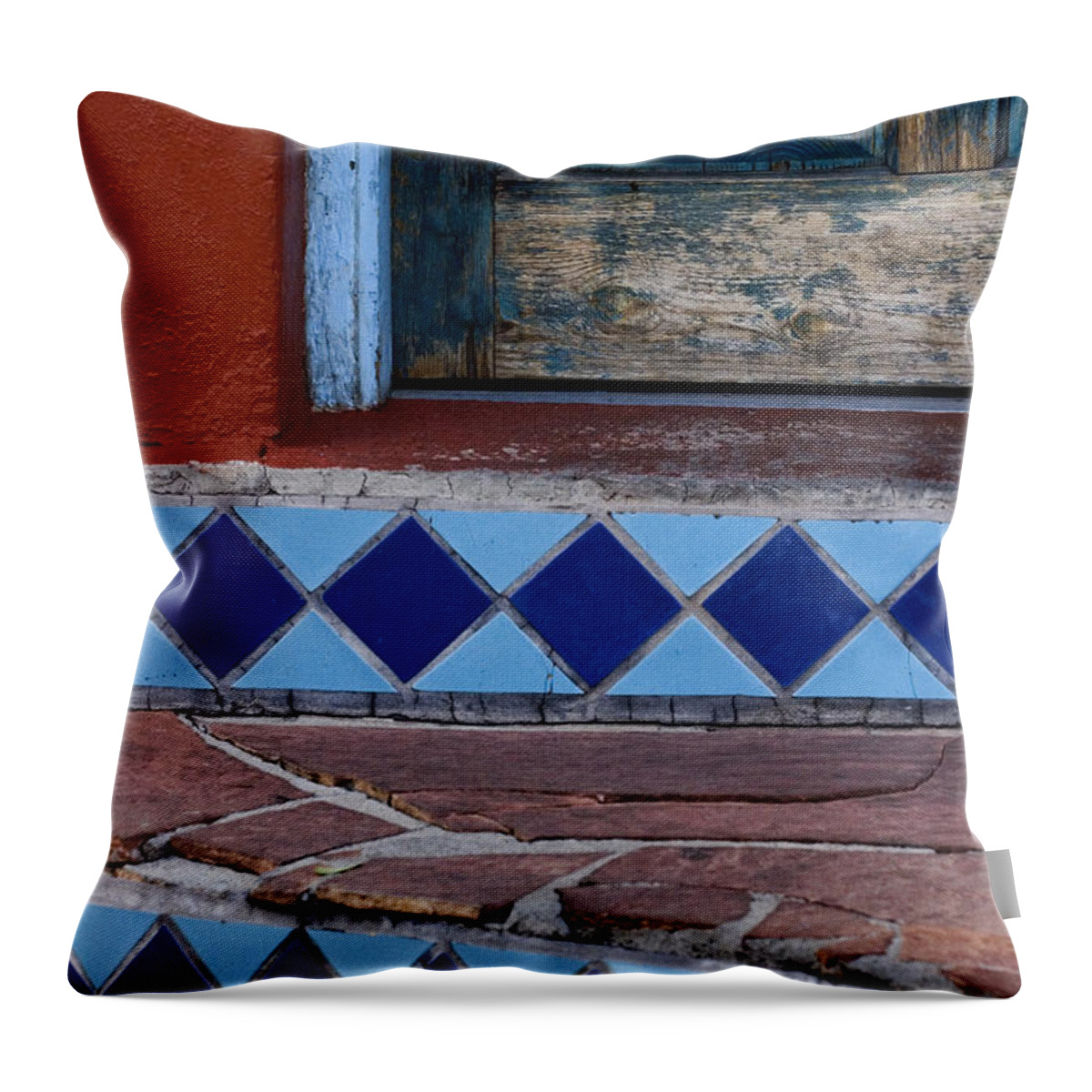 Blue Throw Pillow featuring the photograph Blue Door Colorful Steps Santa Fe by Carol Leigh