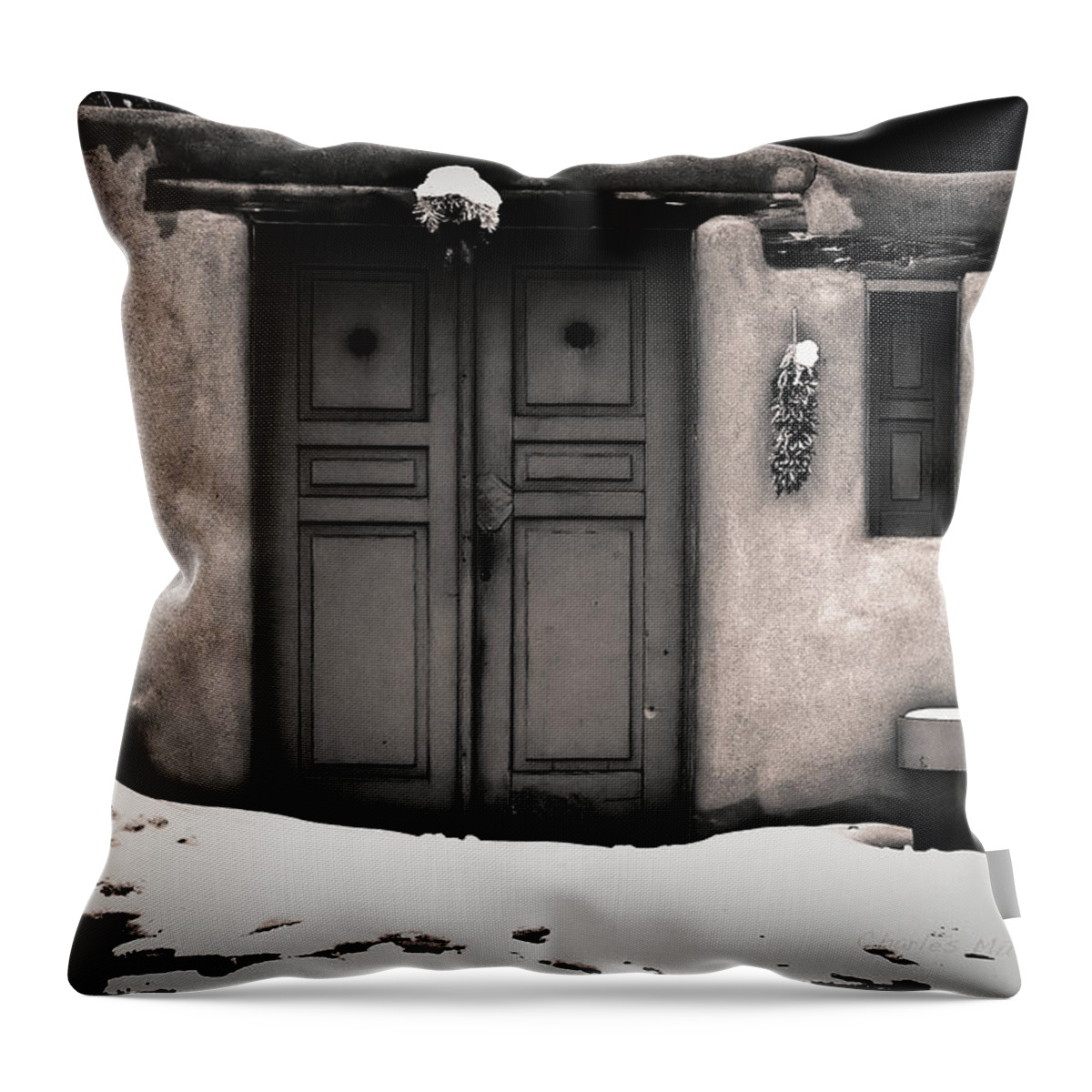 Santa Throw Pillow featuring the photograph Blue door in sepia gold by Charles Muhle