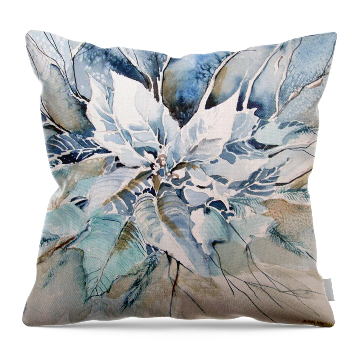 Poinsettia Throw Pillow featuring the painting Blue Poinsettia by Mindy Newman