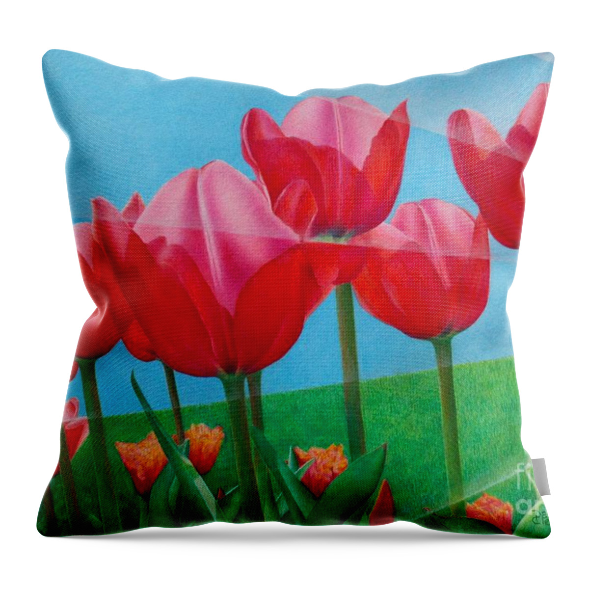 Tulips Throw Pillow featuring the painting Blue Ray Tulips by Pamela Clements