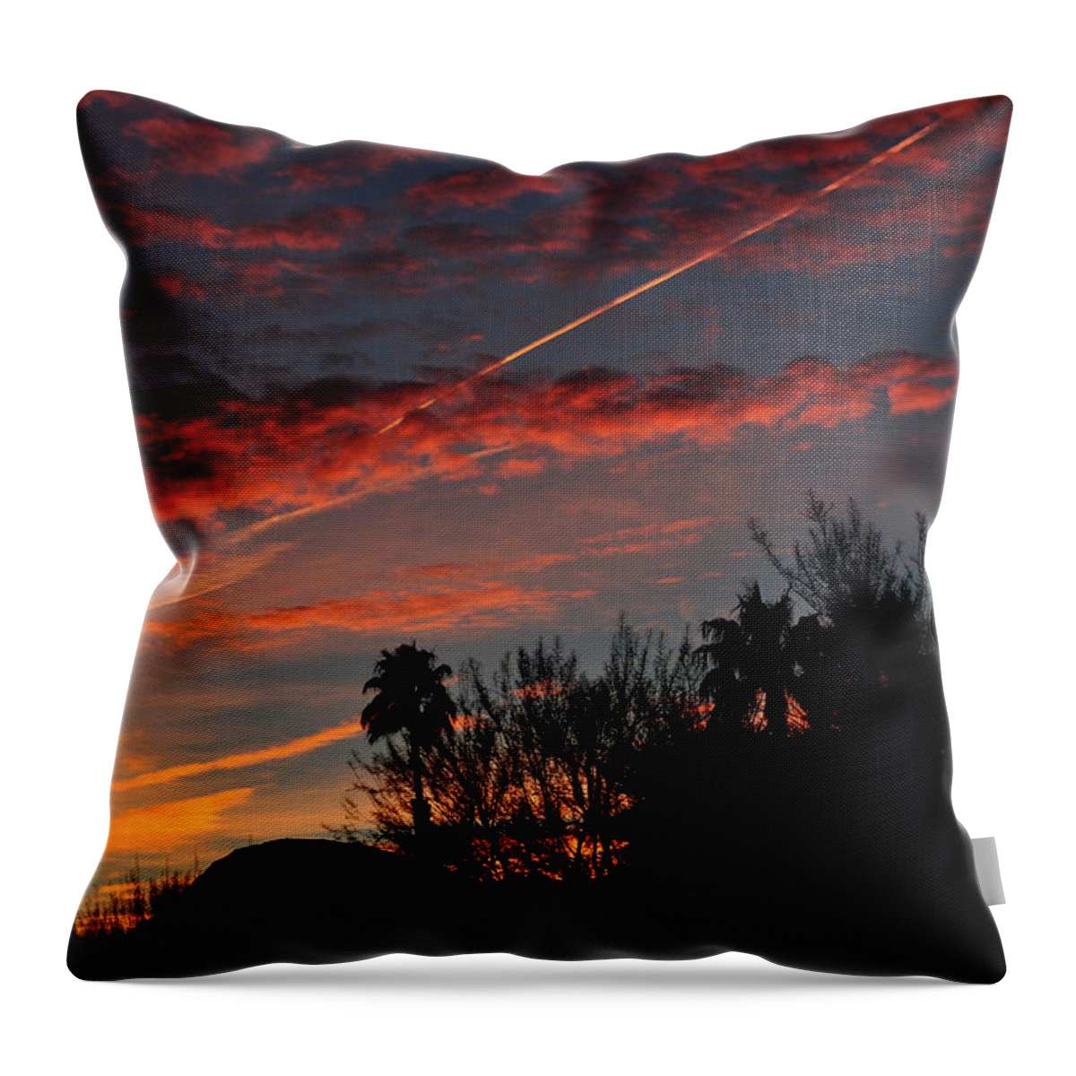 Bloody Sky Throw Pillow featuring the photograph Blue Red And Gold Sunset With Streak by Jay Milo
