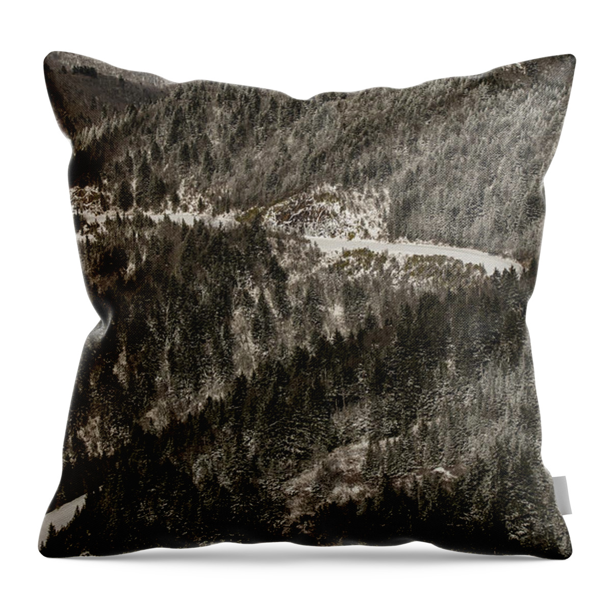 North Carolina Throw Pillow featuring the photograph Blue Ridge Parkway with Snow - Aerial Photo by David Oppenheimer