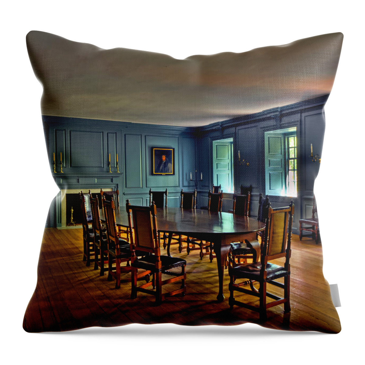 Williamsburg Throw Pillow featuring the photograph Blue Room Wren Building by Jerry Gammon