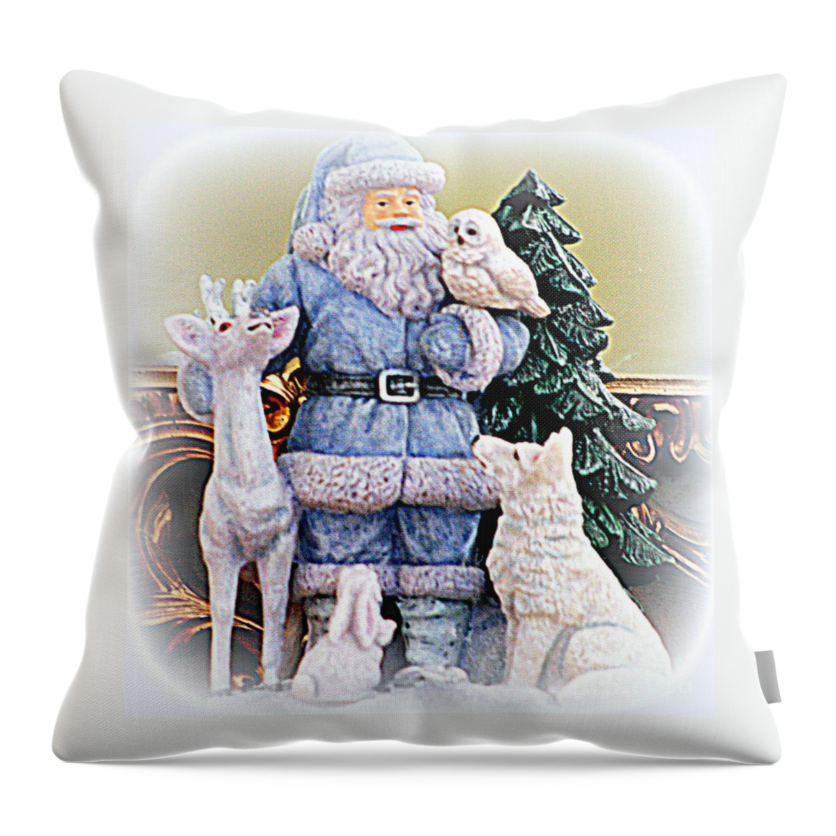 Santa Claus Throw Pillow featuring the photograph Blue Santa With Animal Friends by Kay Novy