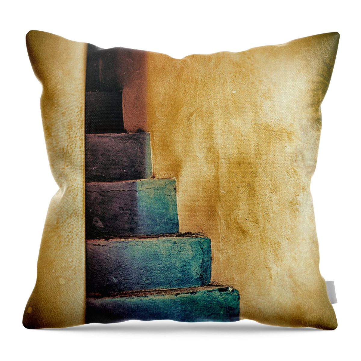 Abstract Throw Pillow featuring the photograph Blue stairs - Yellow wall  by Silvia Ganora