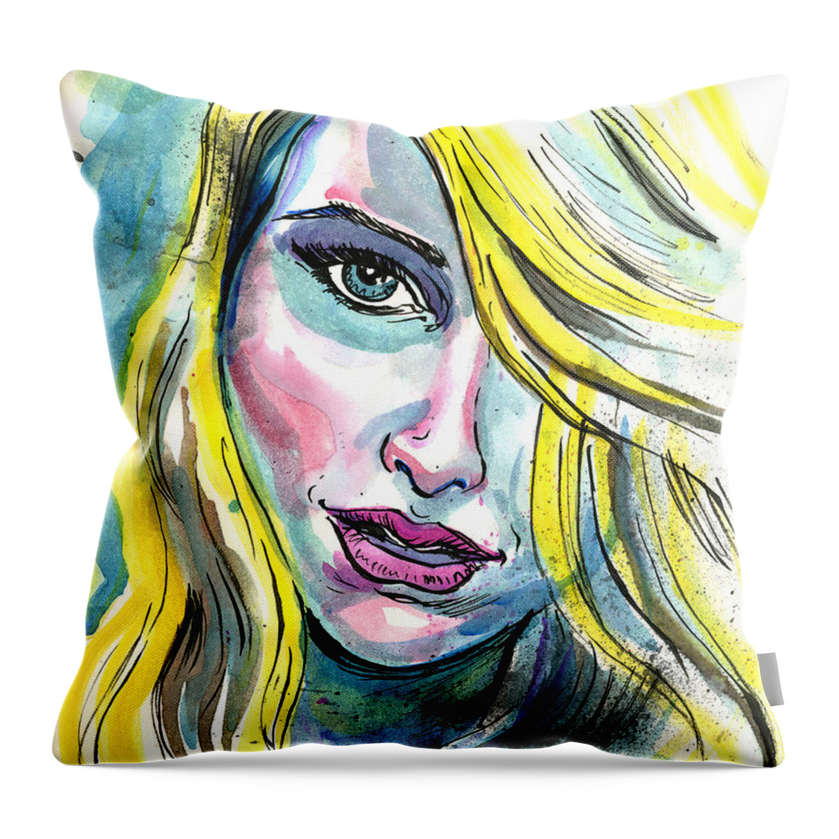 Woman Throw Pillow featuring the mixed media Blue Water Blonde by John Ashton Golden