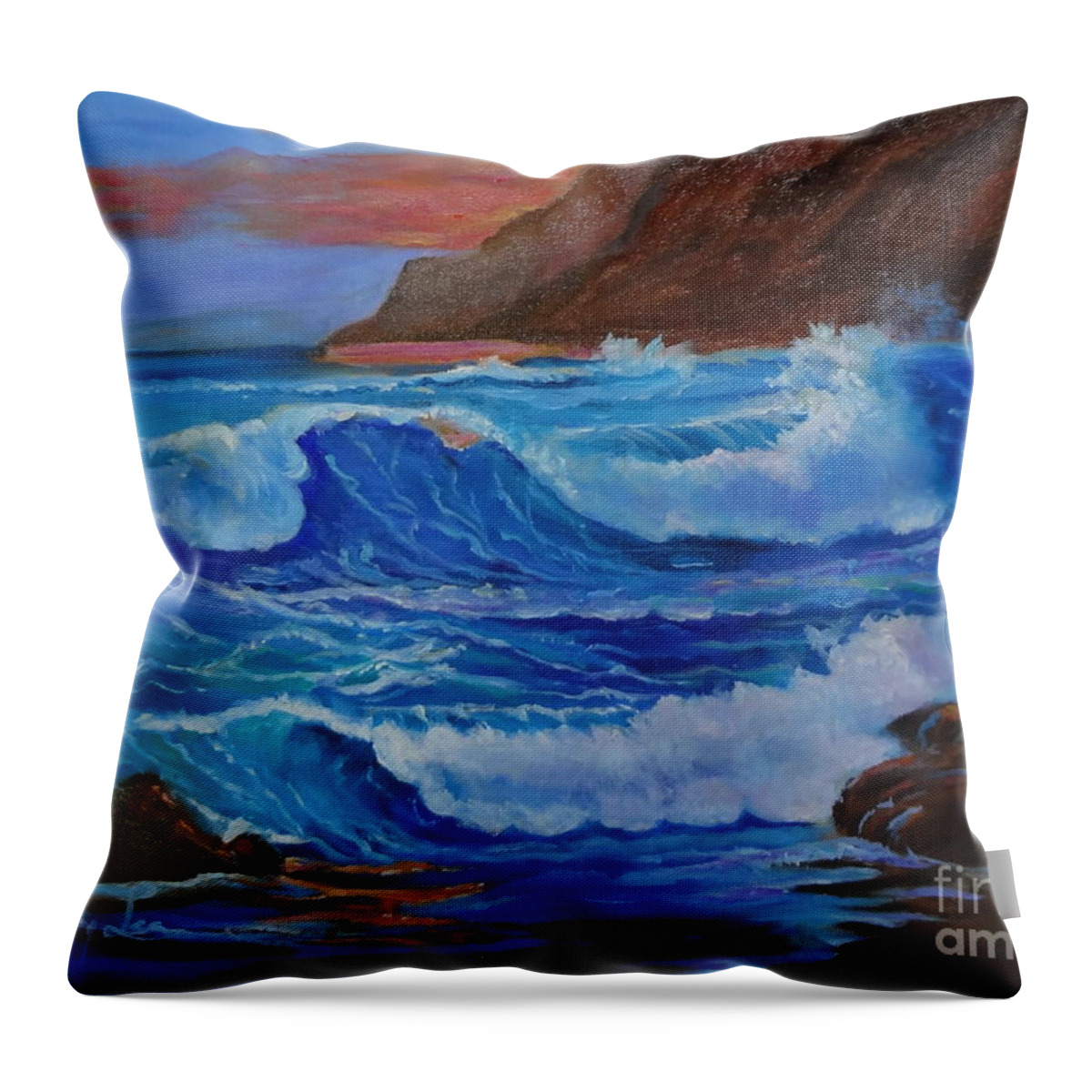 Waves Throw Pillow featuring the painting Blue Waves Hawaii by Jenny Lee