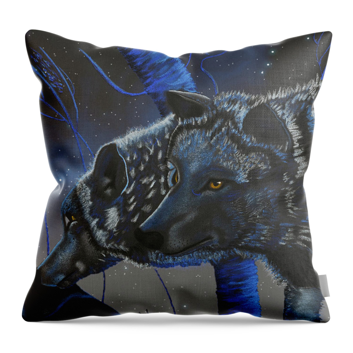 Wolf Photographs Throw Pillow featuring the digital art Blue Wolves with Stars by Mayhem Mediums