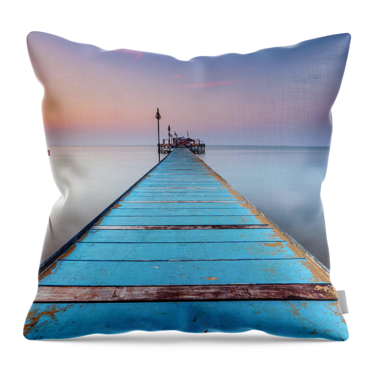 Tranquility Throw Pillow featuring the photograph Blue Wooden Pier by Stee