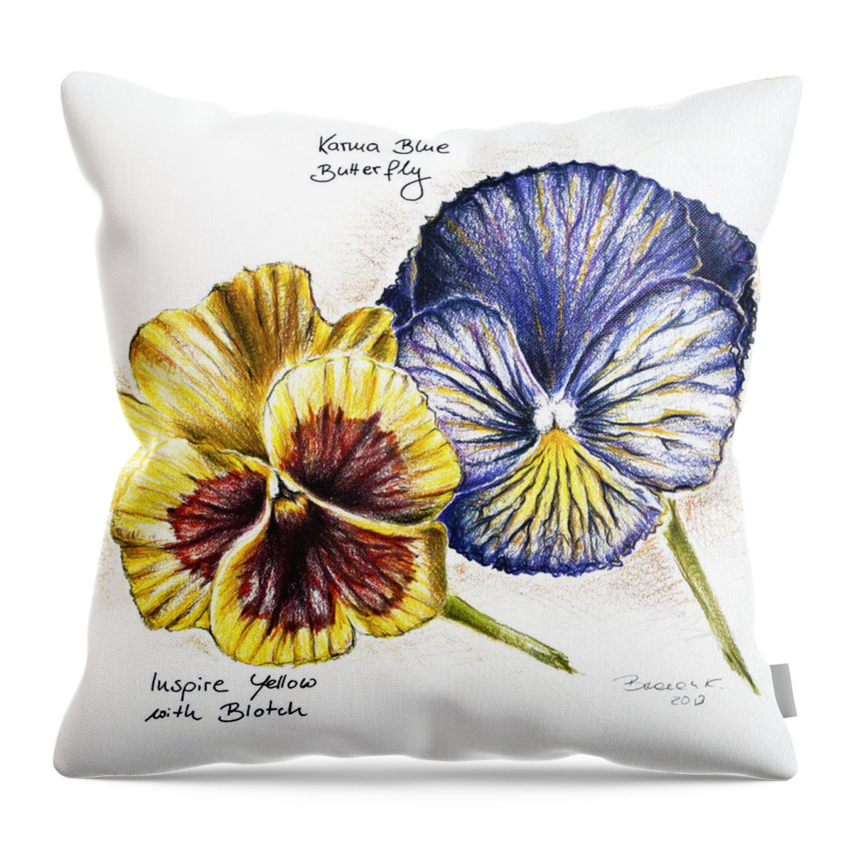 Blue Throw Pillow featuring the drawing Blue Yellow Pansies by Katharina Bruenen
