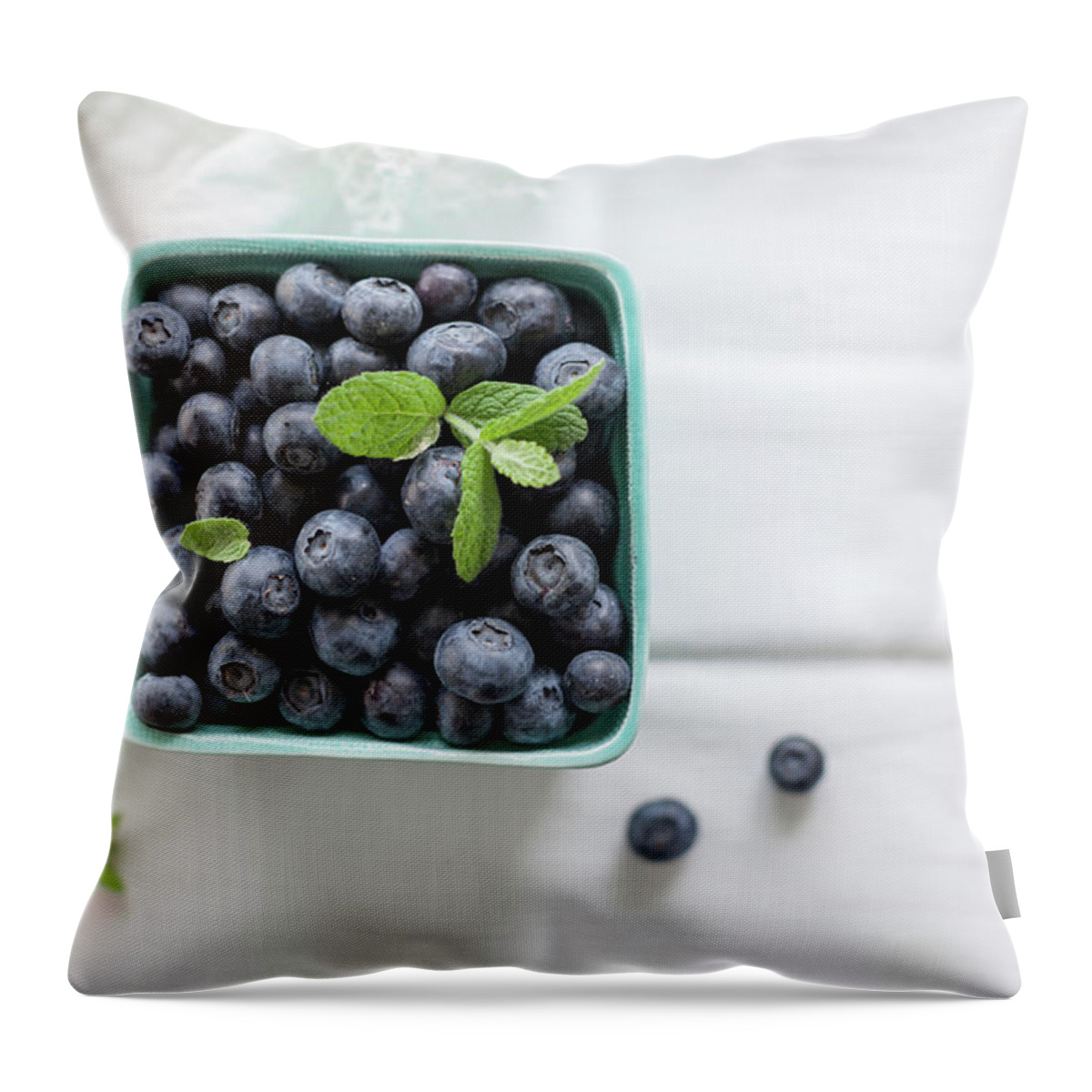 White Background Throw Pillow featuring the photograph Blueberries In Bowl by Ingwervanille