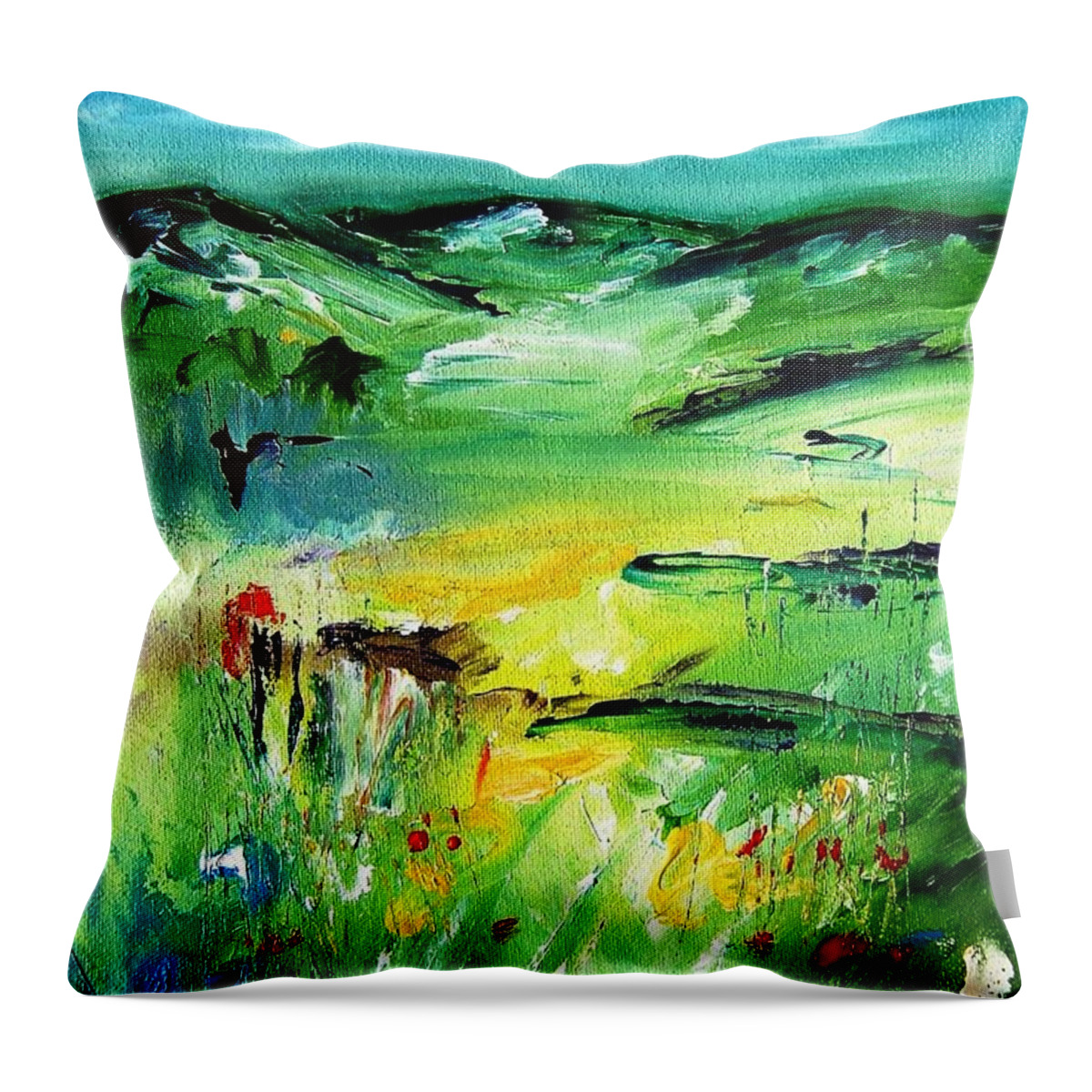 Ireland Throw Pillow featuring the painting Bluegreenscape-available As A Signed And Numbered Art Print On Canvas - See Www.pixi-art.com by Mary Cahalan Lee - aka PIXI