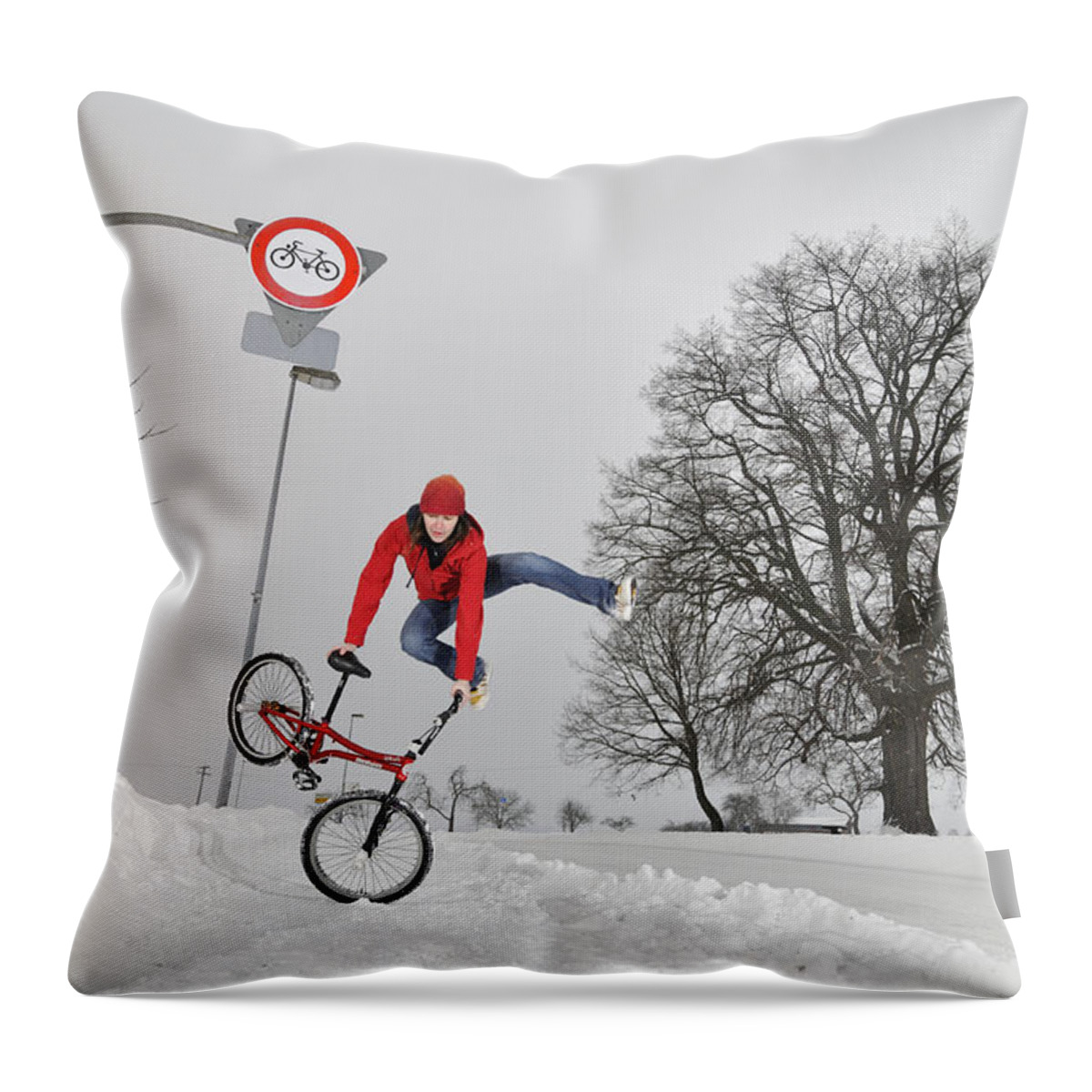 Bmx Flatland Throw Pillow featuring the photograph BMX Flatland in the snow - Monika Hinz jumping by Matthias Hauser