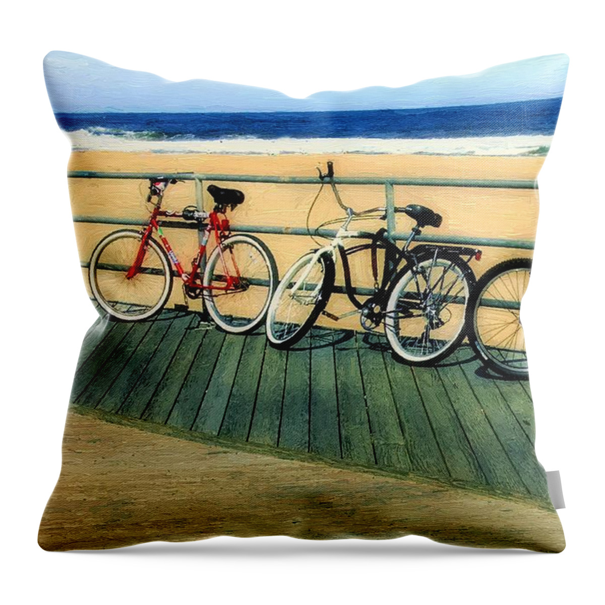 Beach Throw Pillow featuring the painting Boardwalk Bikes by RC DeWinter