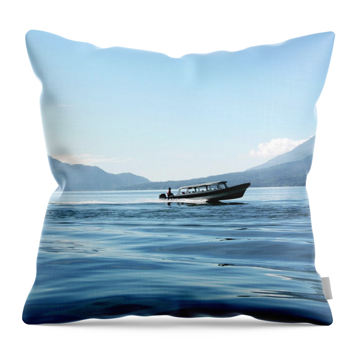Scenics Throw Pillow featuring the photograph Boat At Full Speed On Lake Atitlan In by Lubilub