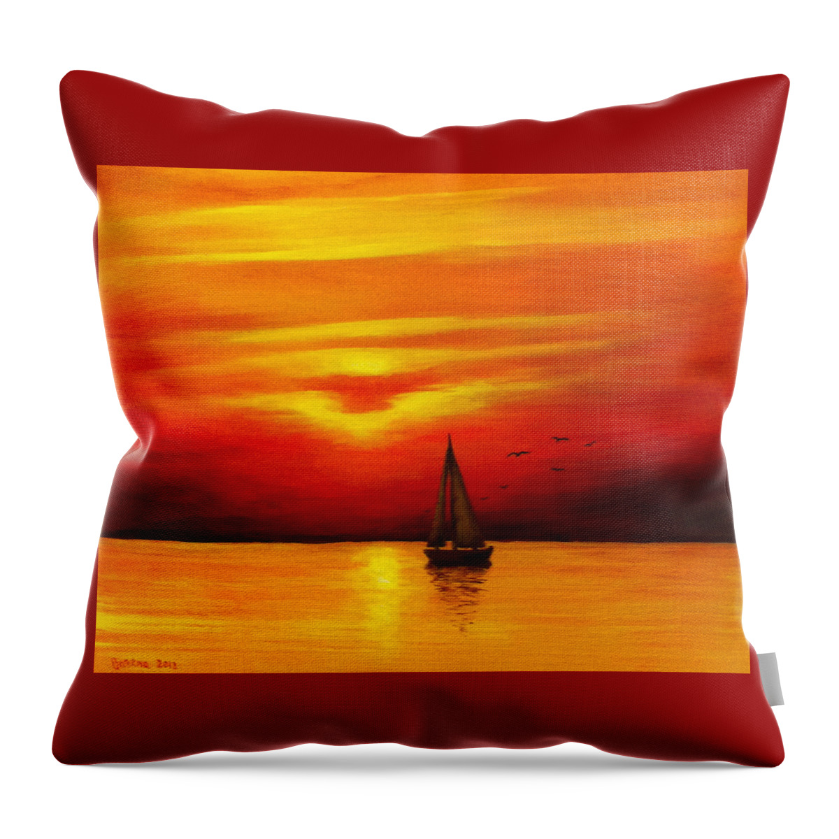 Seascape Throw Pillow featuring the painting Boat in the Sunset by Bozena Zajaczkowska