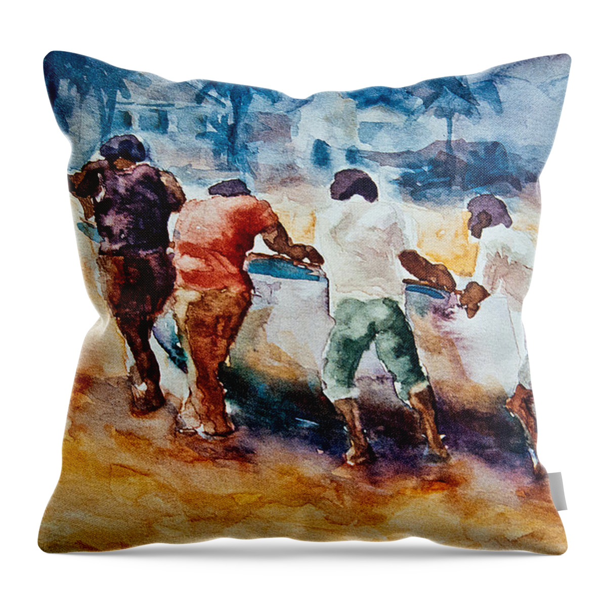 Tropical Throw Pillow featuring the painting Men At Work by Jani Freimann