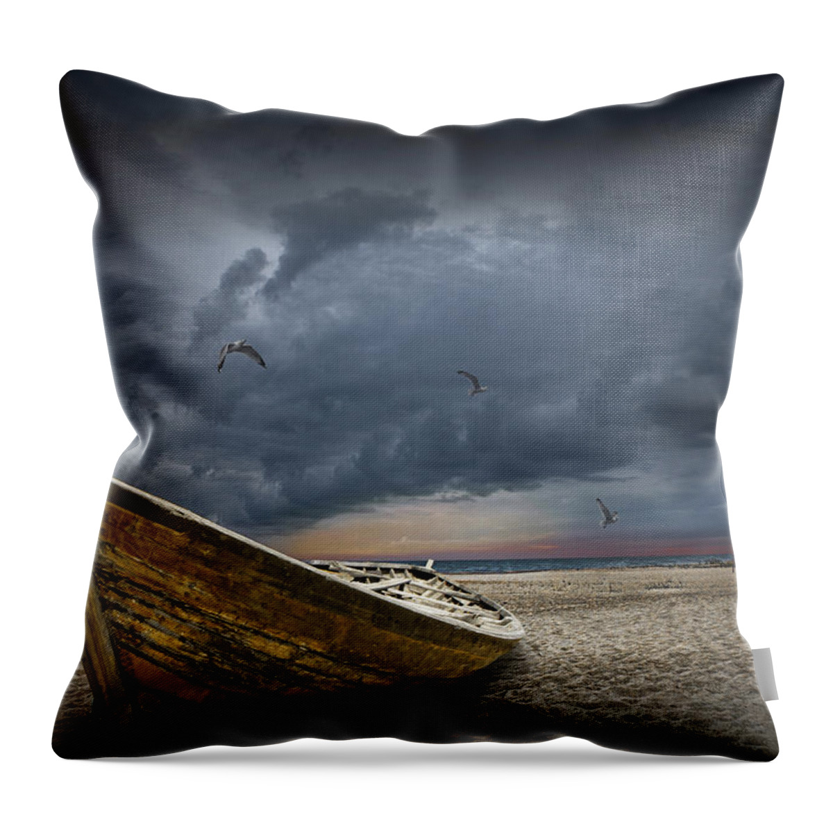 Art Throw Pillow featuring the photograph Boat with gulls on the beach with oncoming storm by Randall Nyhof