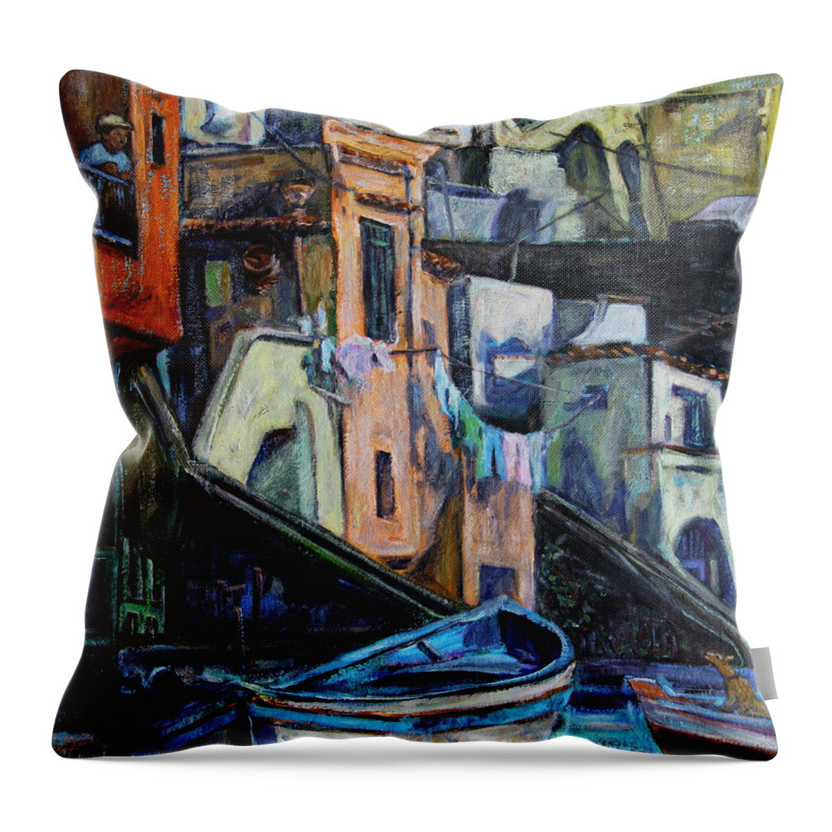 Scenery Throw Pillow featuring the painting Boats in front of the Buildings I by Xueling Zou