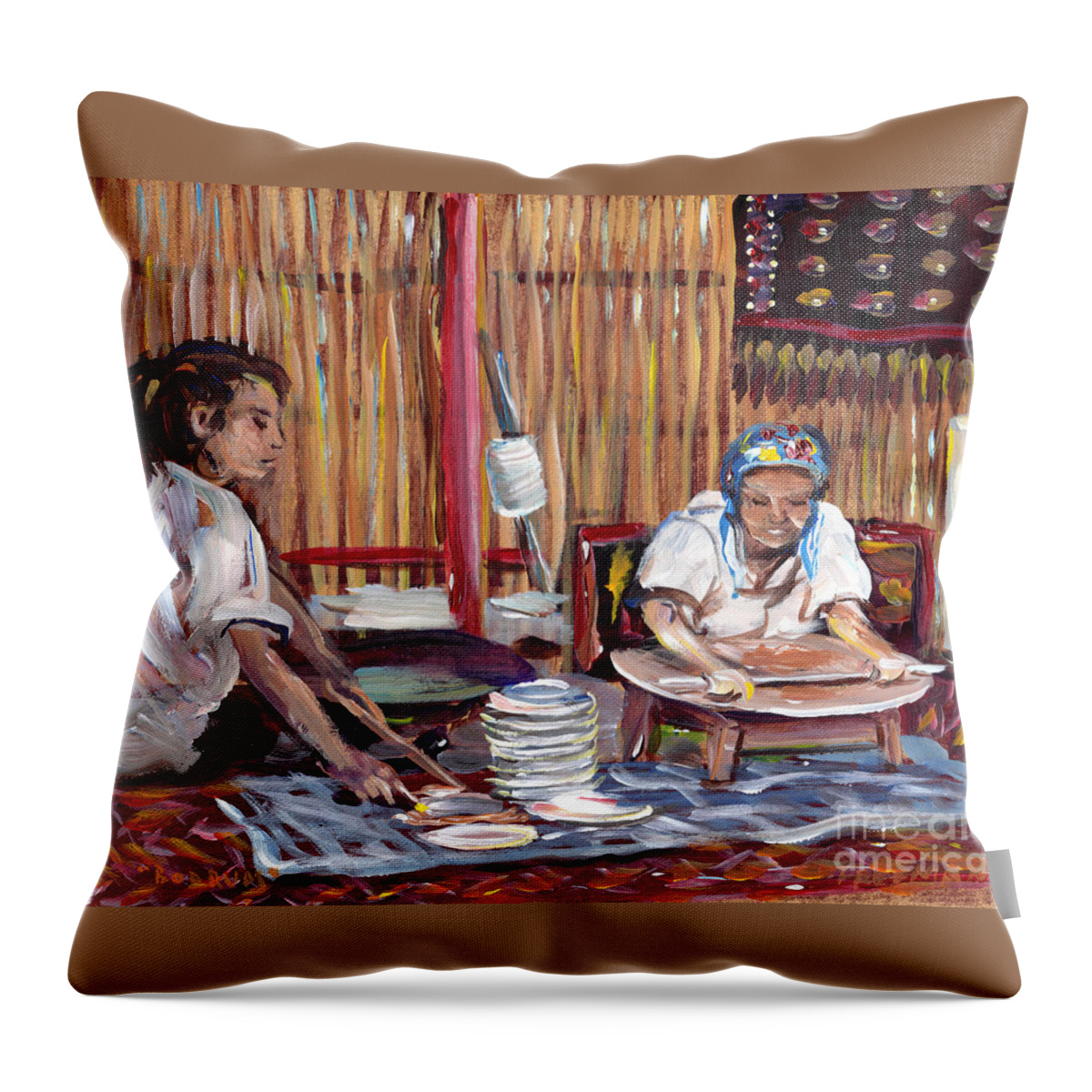 Crystal Cruises Throw Pillow featuring the painting Bodrum breadmakers by Valerie Freeman