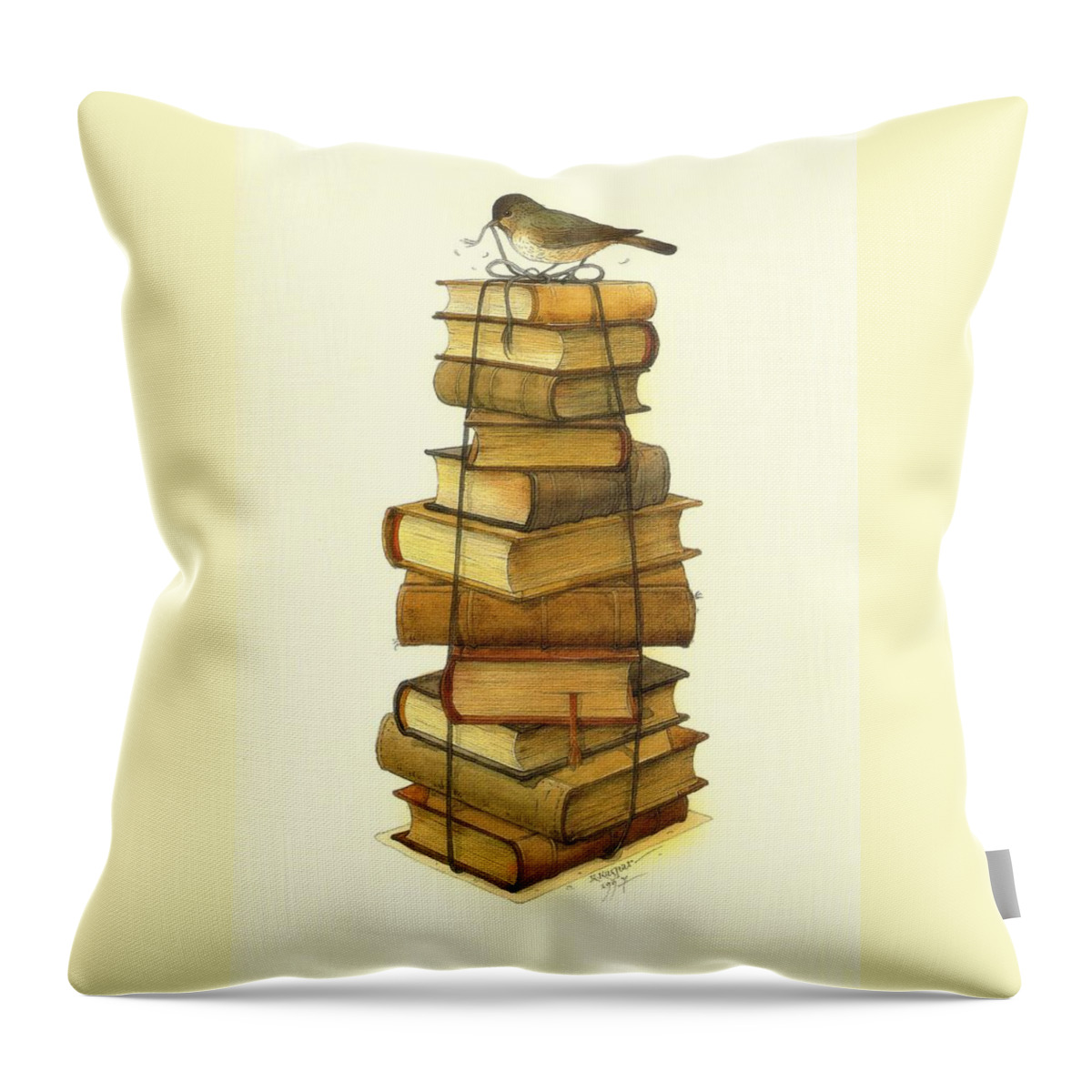 Books Greeting Cards Birds Throw Pillow featuring the painting Books and little Bird by Kestutis Kasparavicius