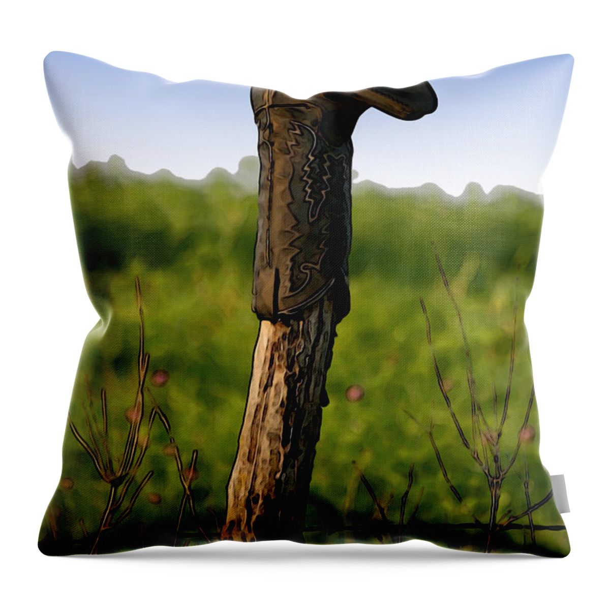 Boot On A Fence Post Throw Pillow featuring the mixed media Boot on the Fence Post by E B Schmidt