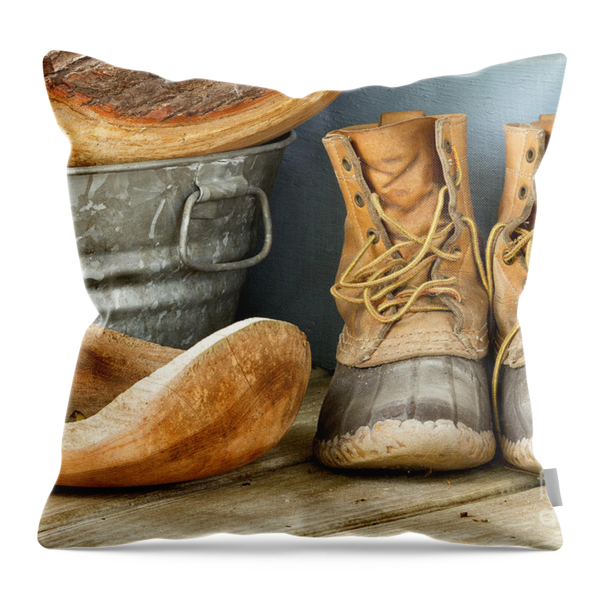Bean Boots Throw Pillow featuring the photograph Boots and Bowls by Dawna Moore Photography