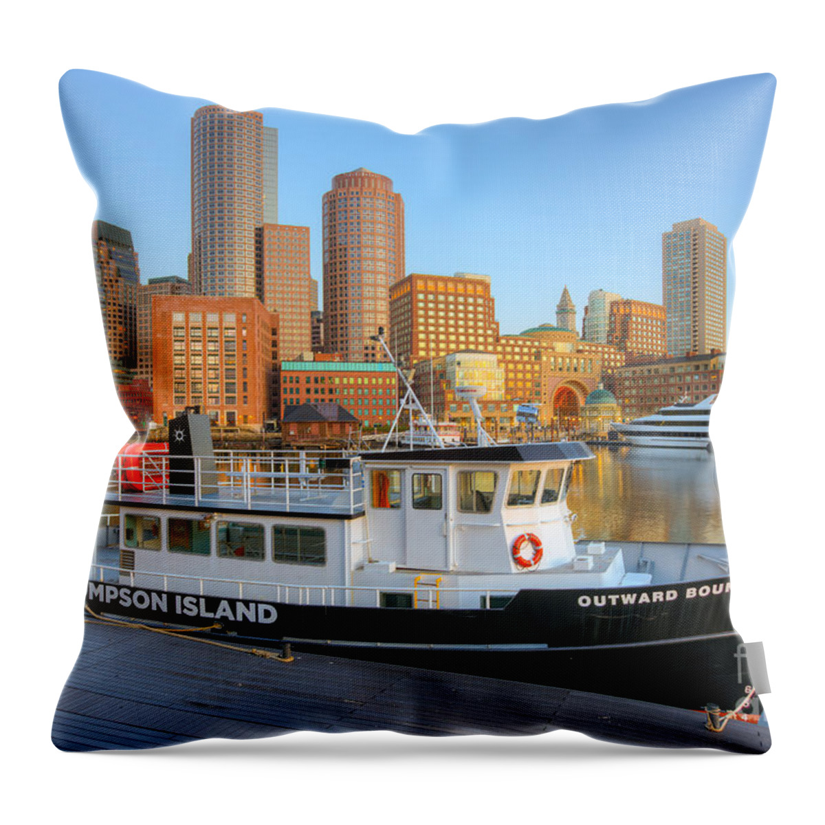 Clarence Holmes Throw Pillow featuring the photograph Boston Skyline and Thompson Island Ferry I by Clarence Holmes