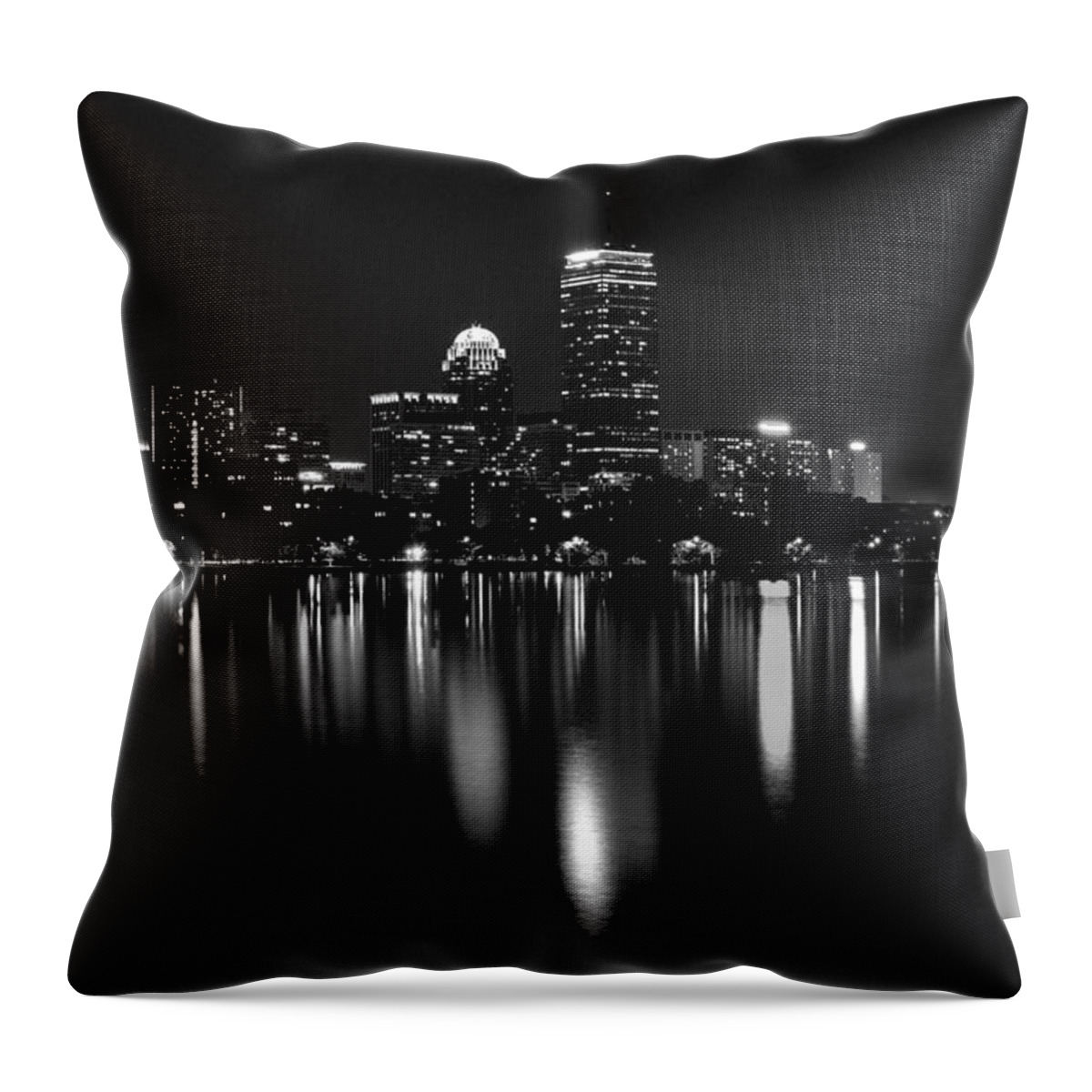 Boston Throw Pillow featuring the photograph Boston Skyline by Night - Black and White by Jatin Thakkar
