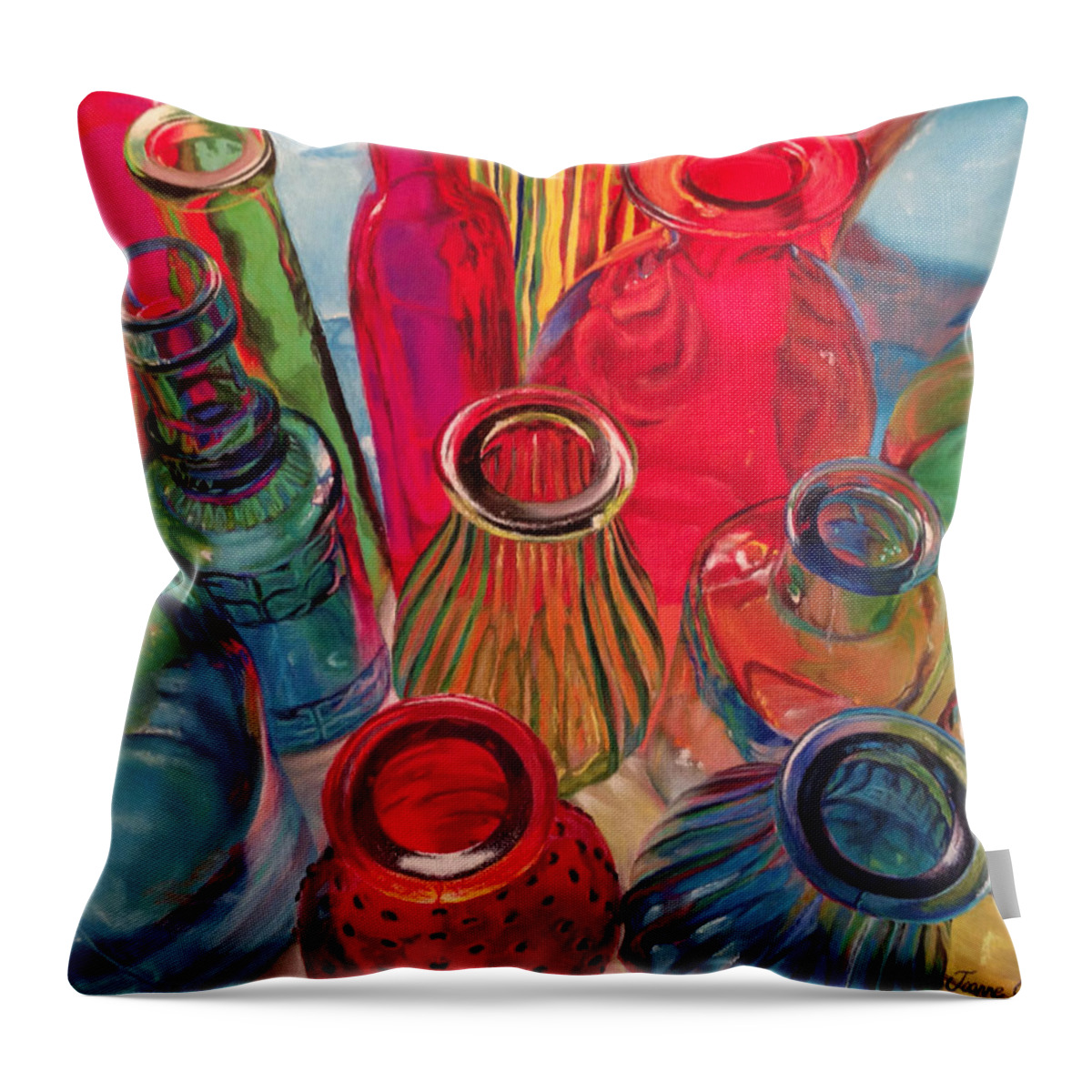 Colored Bottles Throw Pillow featuring the painting Bottle Tops by Joanne Grant