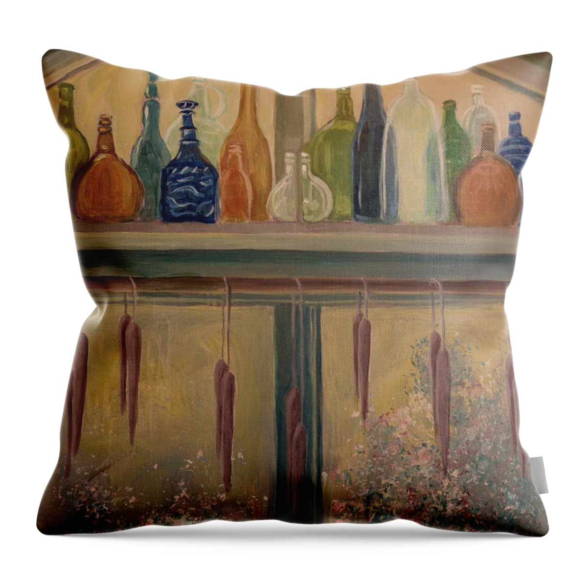 Blues Throw Pillow featuring the painting Bottles and Candle Window by Gretchen Allen