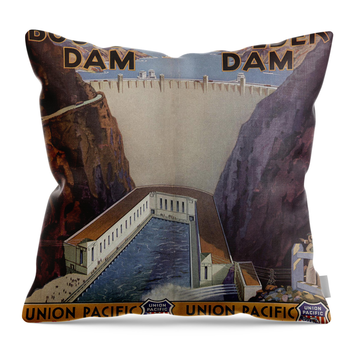 Boulder Dam Throw Pillow featuring the photograph Vintage Train Ad 1935 by Andrew Fare