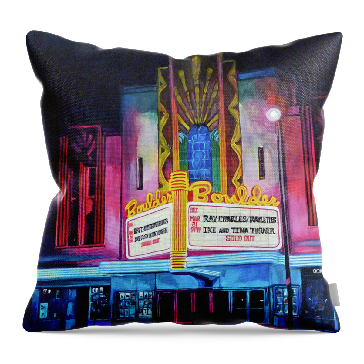 Boulder Theater Throw Pillow featuring the painting Boulder Theater by Tom Roderick