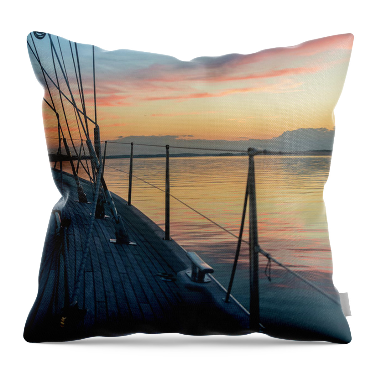 Tranquility Throw Pillow featuring the photograph Bow Of 62 Ft Sailboat At Sunset by Gary S Chapman
