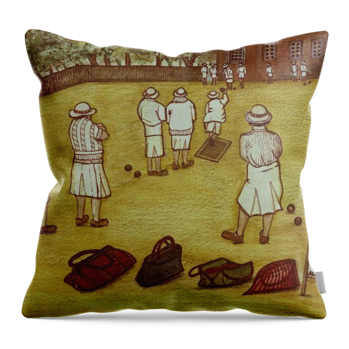 Bowling Throw Pillow featuring the photograph Bowling, 1988 Watercolour On Paper by Gillian Lawson