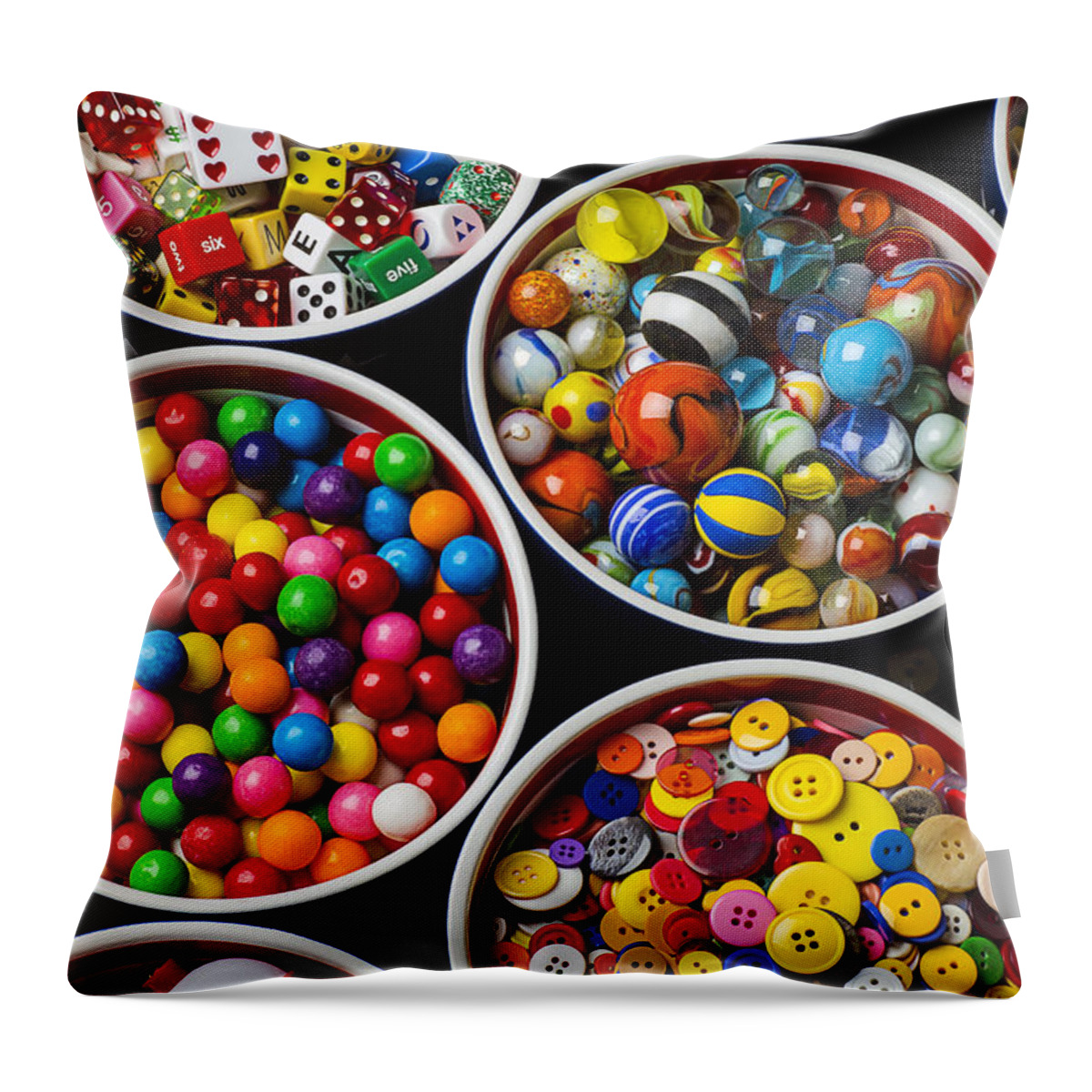 Bowls Throw Pillow featuring the photograph Bowls of buttons and marbles by Garry Gay