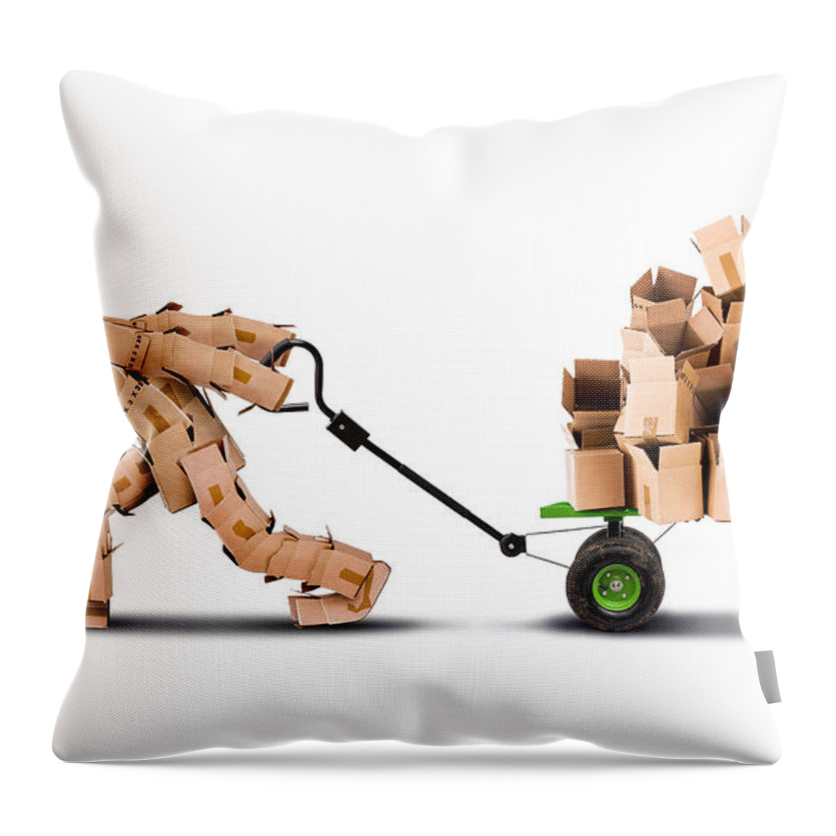 Outside Throw Pillow featuring the photograph Box Character Moving Boxes On Trolley by Simon Bratt