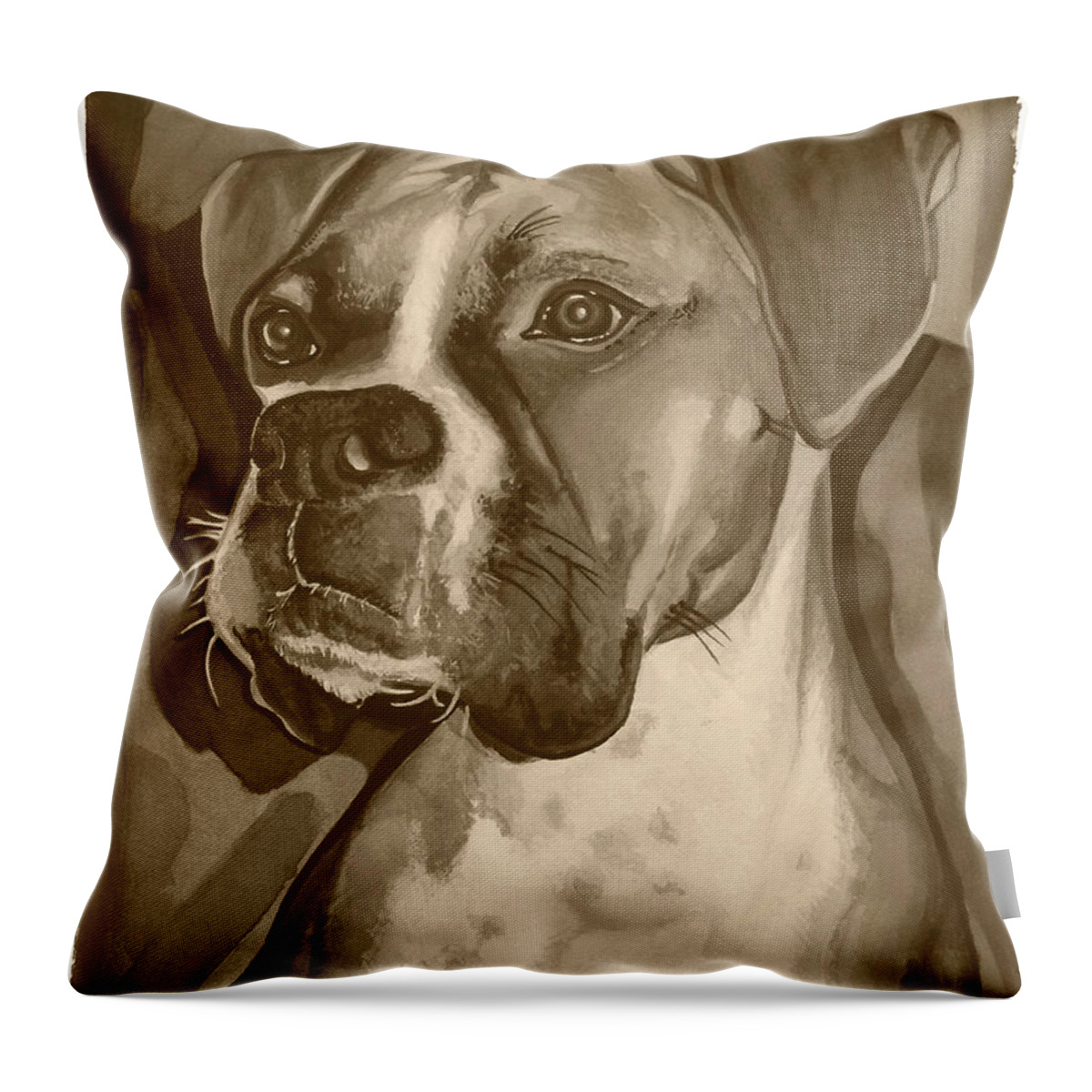 Boxer Throw Pillow featuring the painting Boxer Dog Sepia Print by Robyn Saunders