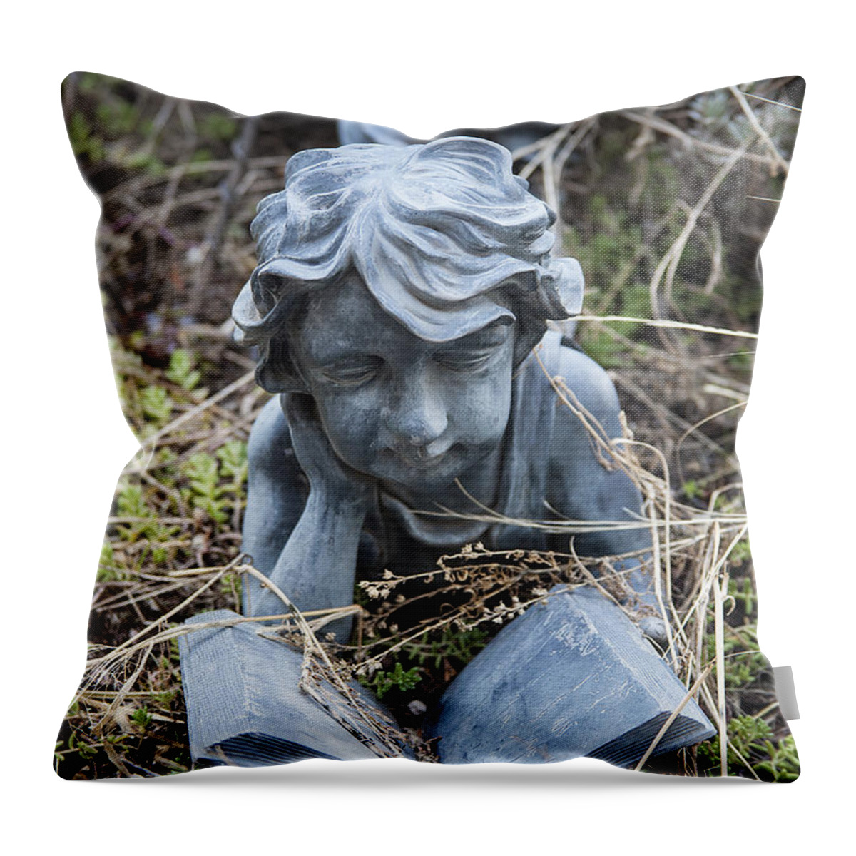 Garden Statue Photographs Throw Pillow featuring the photograph Boy Reading In Garden Statue by Jerry Cowart