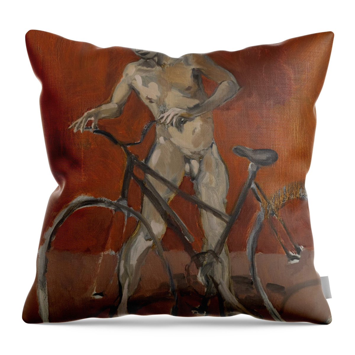 Boy Throw Pillow featuring the painting Boy with bicycle red oxide by Peregrine Roskilly