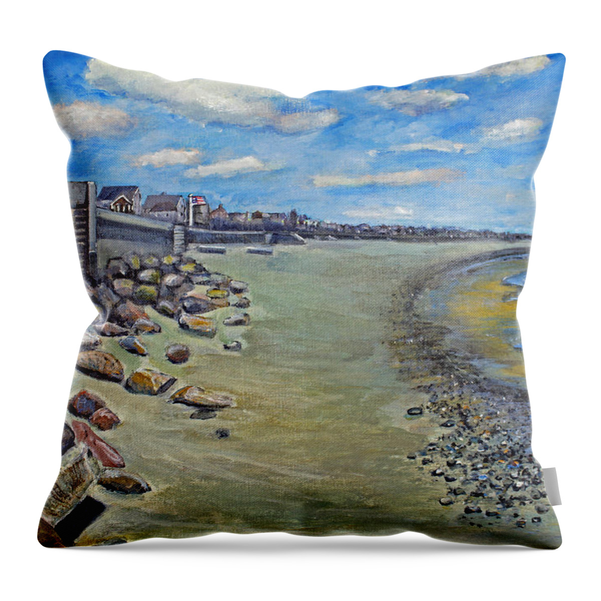 Ocean Bluff Throw Pillow featuring the painting Brant Rock Beach by Rita Brown
