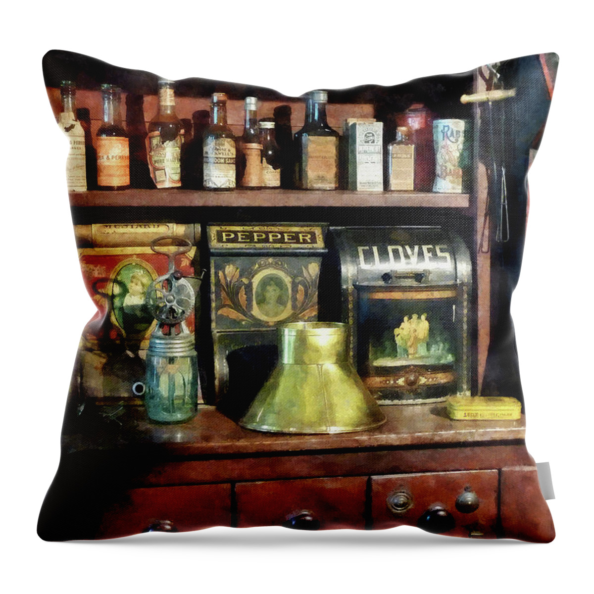 General Store Throw Pillow featuring the photograph Brass Funnel and Spices by Susan Savad