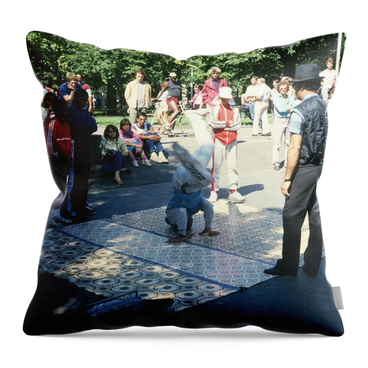 Break Dancing Throw Pillow featuring the photograph Break Dancing in Washington Square Park in 1984 by Gordon James