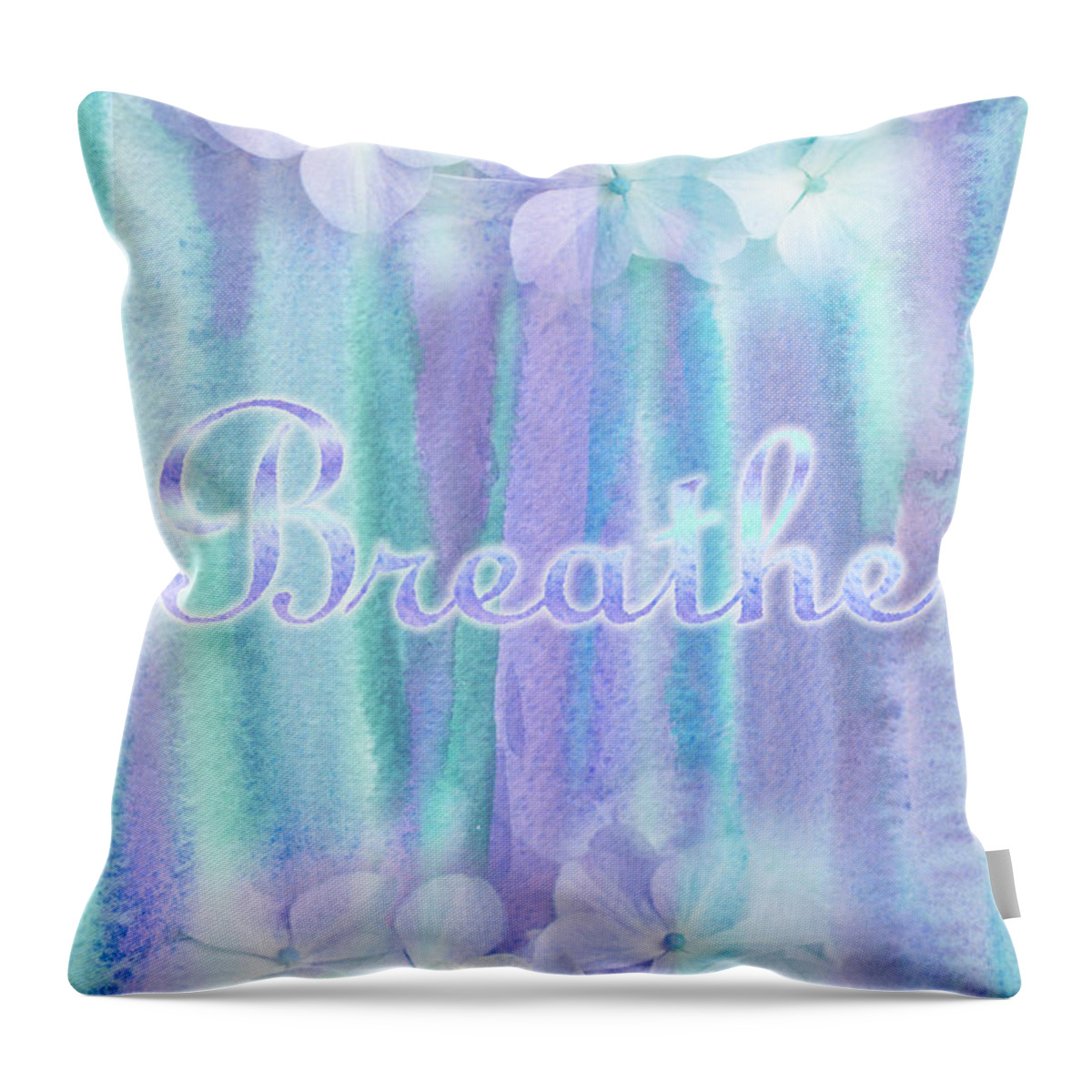 Breathe Throw Pillow featuring the painting Breathe Refreshing Hydrangea Turquoise Purple Watercolor by Beverly Claire Kaiya